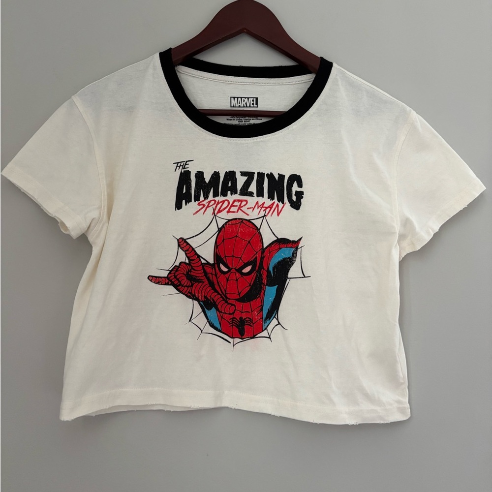 Marvel The Amazing Spider-Man Crop Tee, Short Sleeve, Distressed Hems, Size L